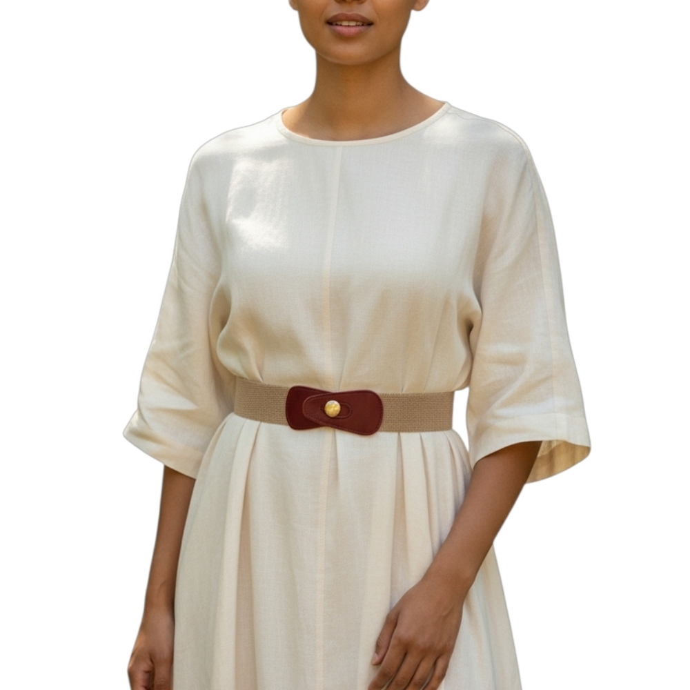 Nikki Jaggs Chic Burgundy Red Leather and Tan Belt with Gold Accent